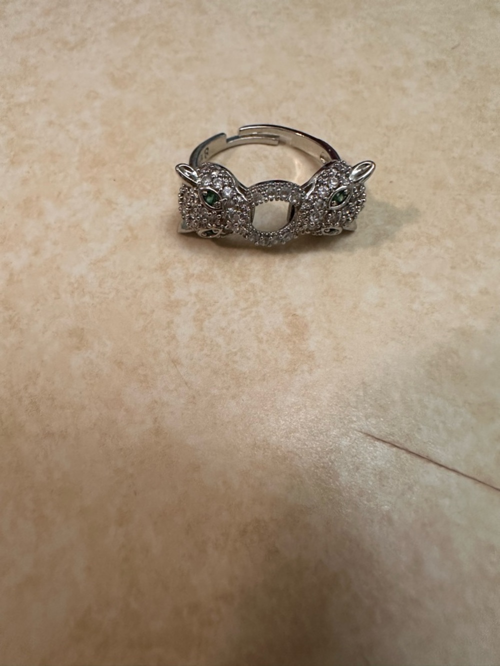 Silver Double-Headed Cat  Ring with Green Accent Stones - Picture 9 of 10